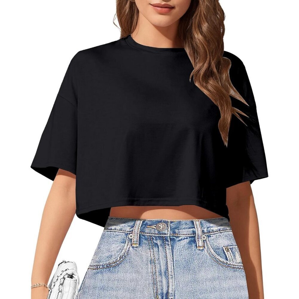 Women's Crop Top Soft Stretch Casual Drop Shoulder Crewneck Short Sleeve